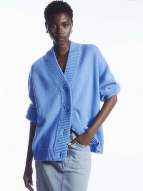 COS Light Blue Button-Front V-Neck Cotton Cardigan